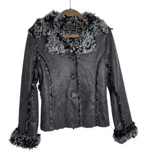 True Grit Charcoal Faux Fur Teddy Jacket Silver Flecks Women’s S/M Button Up